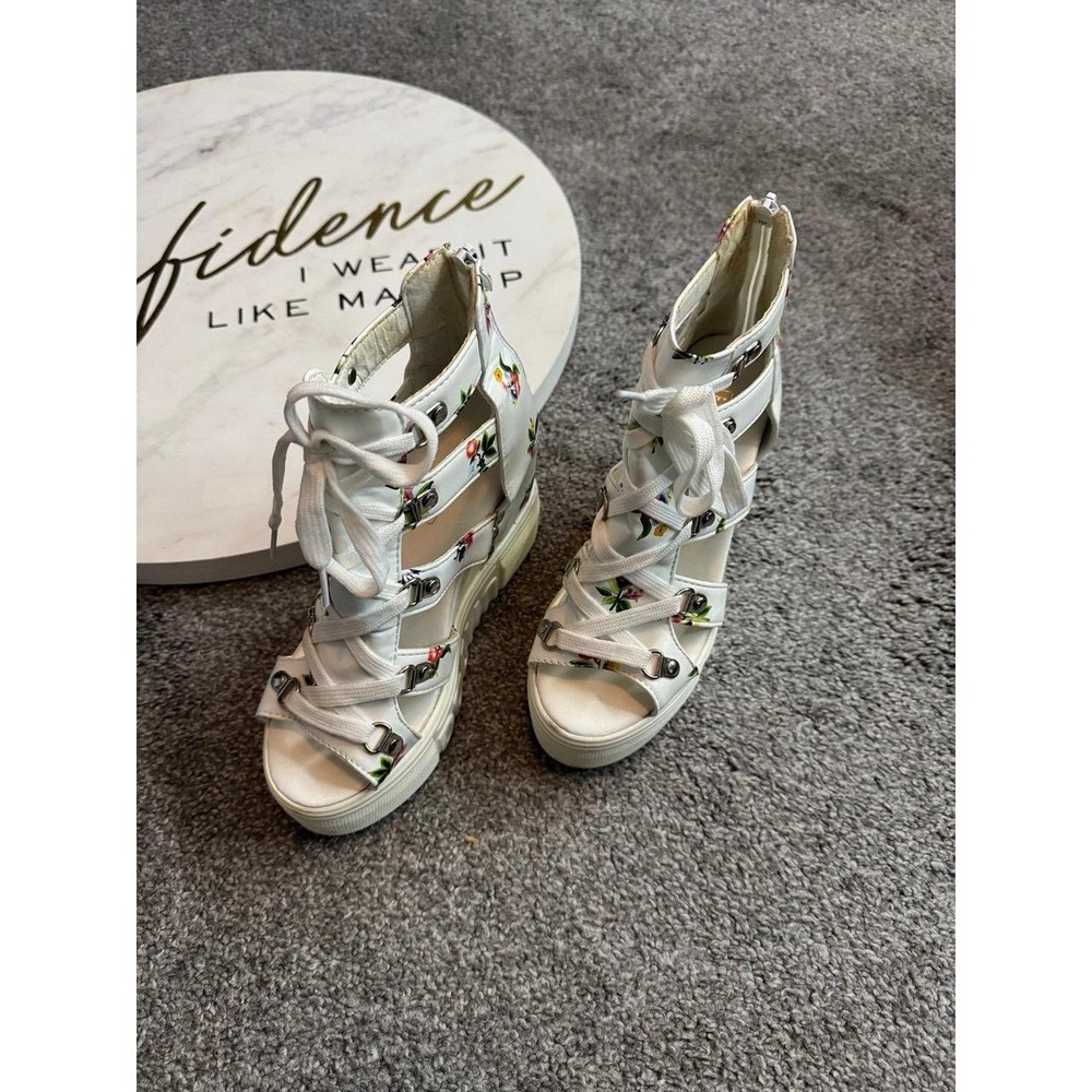 Ddiva White Floral Wedge Sandals Lace Up Platform Heels Size 6